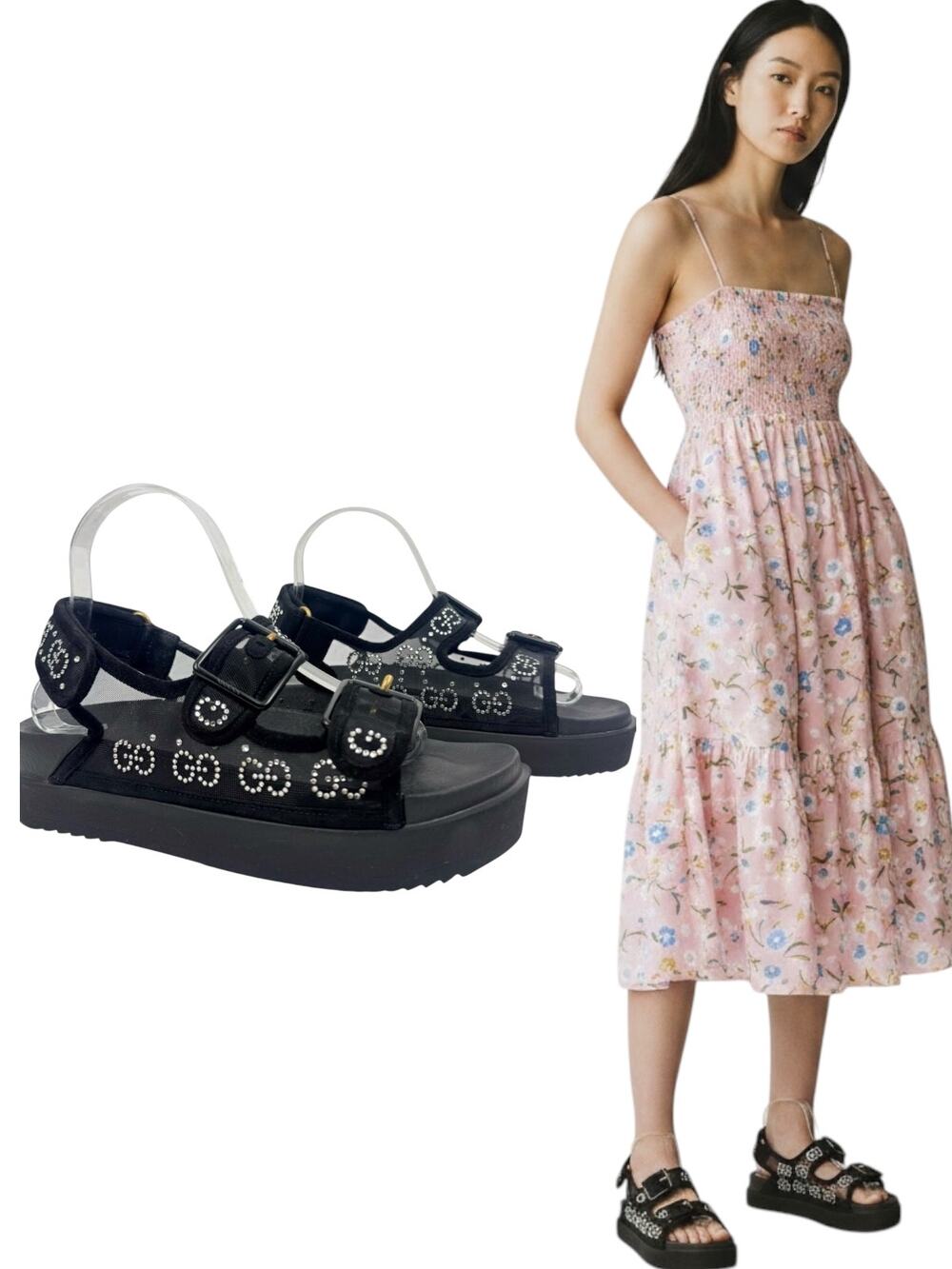 Gucci GG Crystal Embellished Mesh Sandals Black Size 37